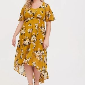 Torrid Mustard Yellow Floral Chiffon Hi-Lo Dress